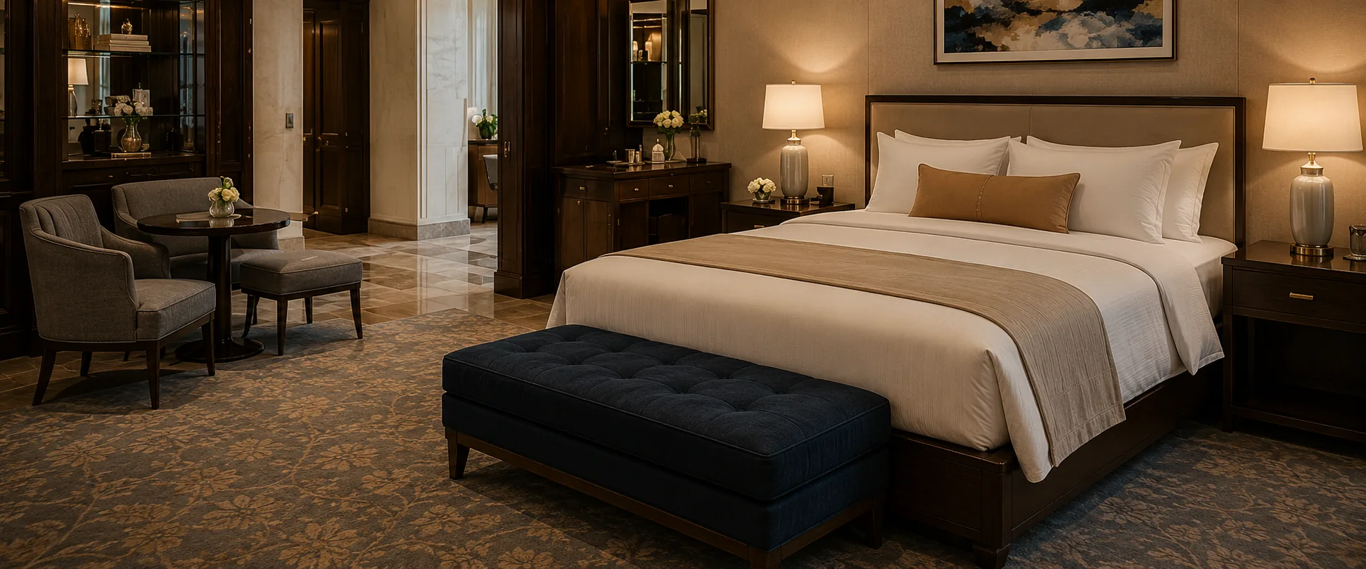 Hotel guest room with an upholstered headboard, bed bench and lounge chairs