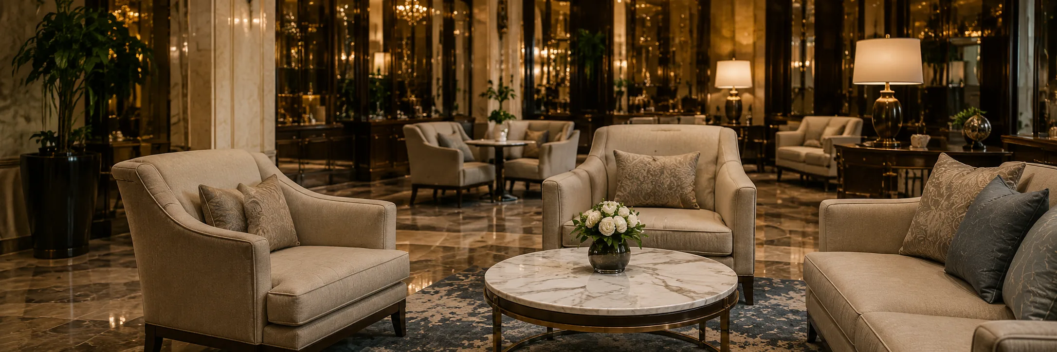 Hotel lobby lounge seating group with upholstered armchairs and a marble table