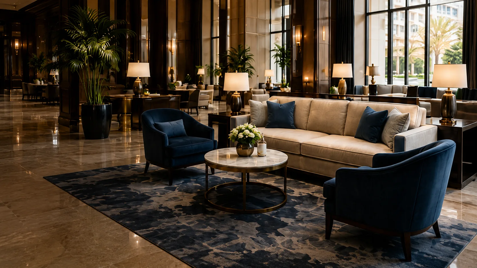 Hotel furniture services NYC — hotel lobby lounge with a cream sofa and navy armchairs
