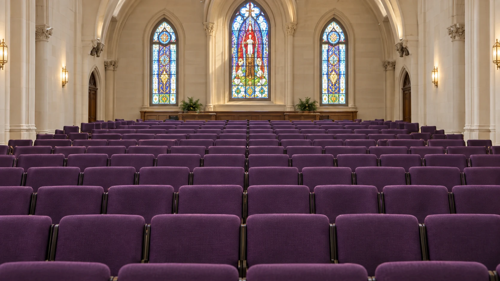 Plum fixed seating in a house of worship below stained glass windows