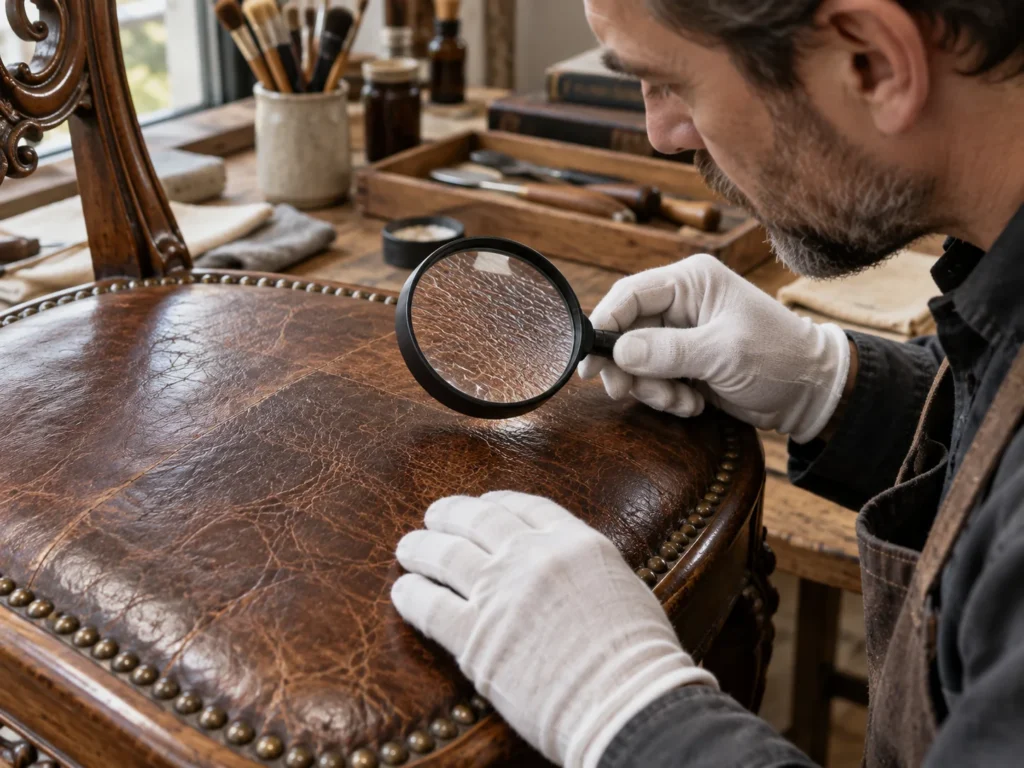 Restorer studying antique leather through a magnifier