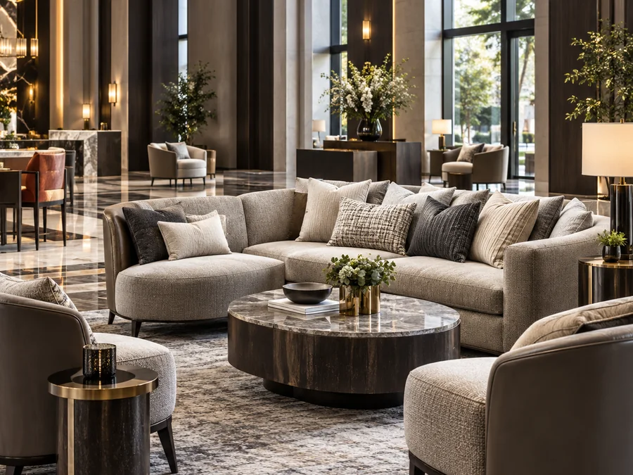 Hotel lobby lounge with leather armchairs
