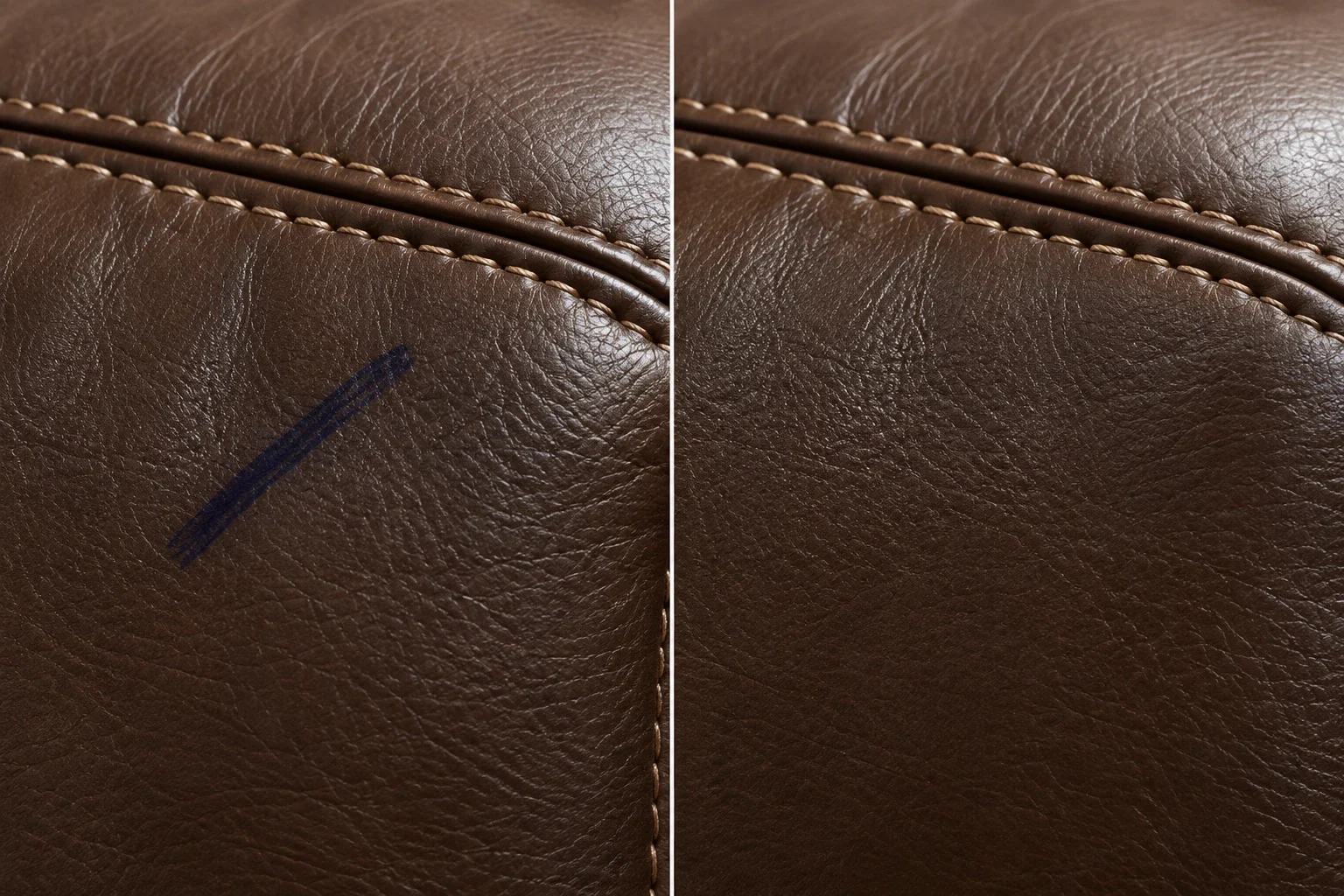Navy marker line beside a stitched seam on a dark brown leather sofa beside the same panel cleaned