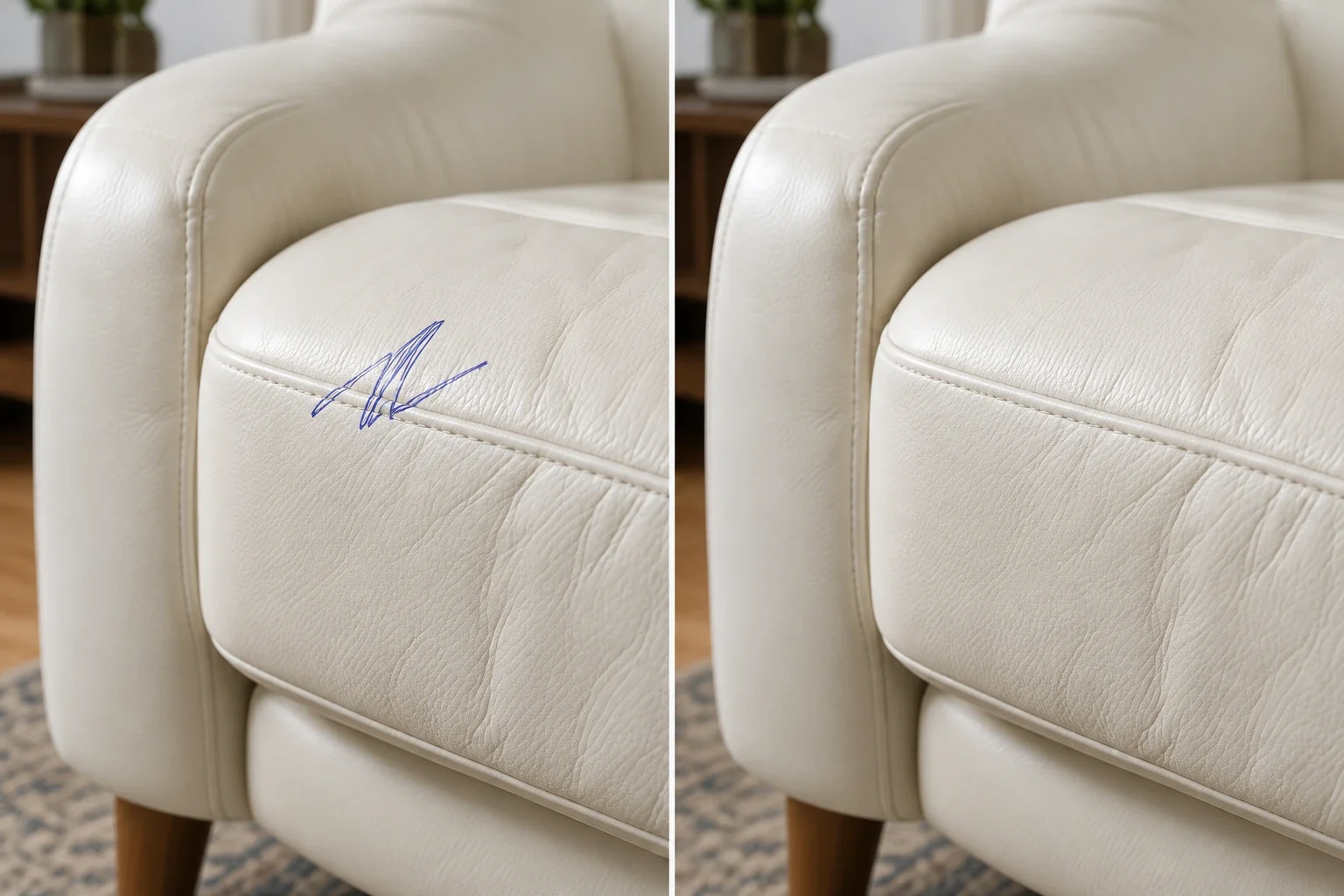 Blue pen signature scribbled on the arm of a cream leather armchair beside the same arm restored