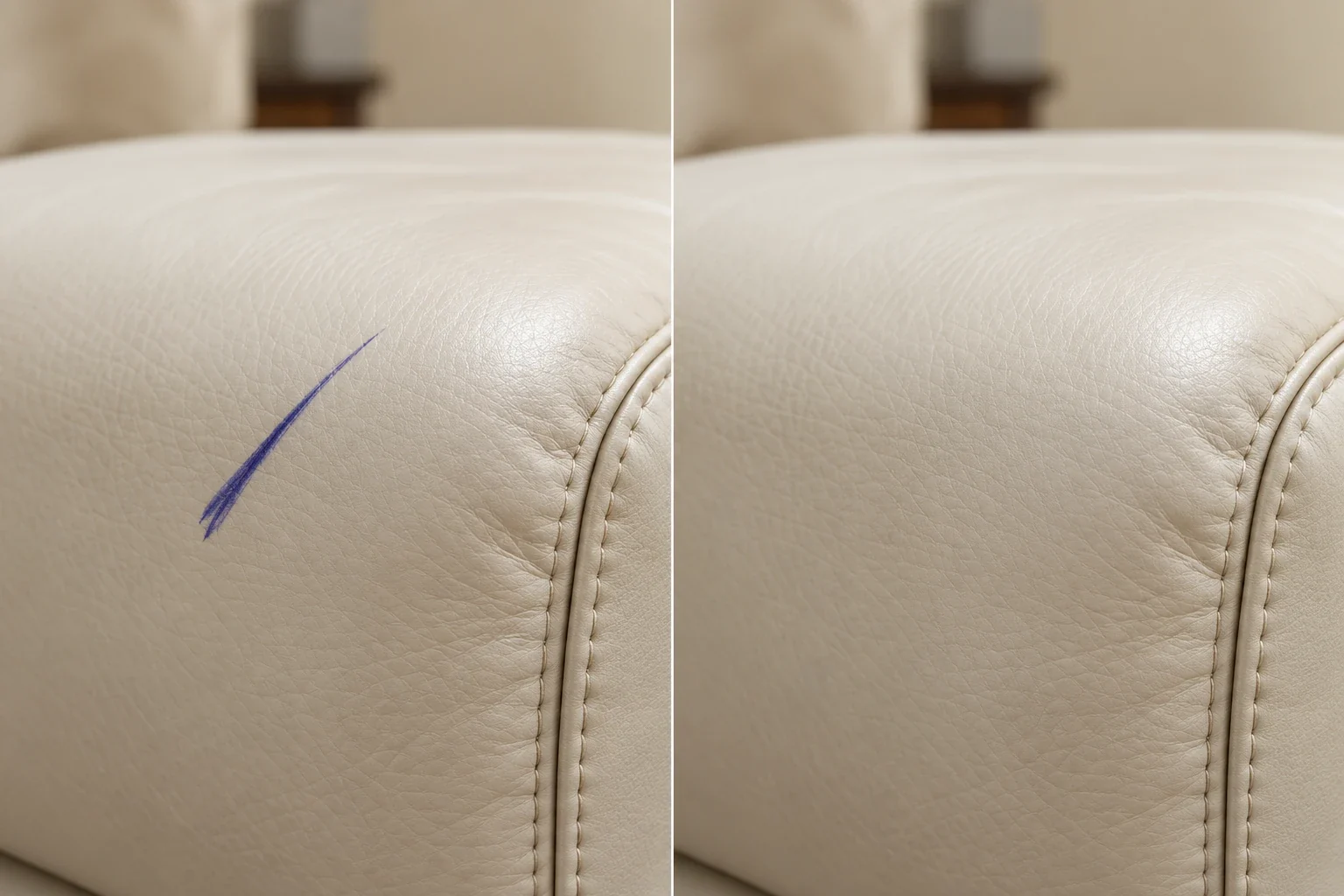 Blue ballpoint slash on the cushion of a cream leather sofa beside the same cushion with the ink gone