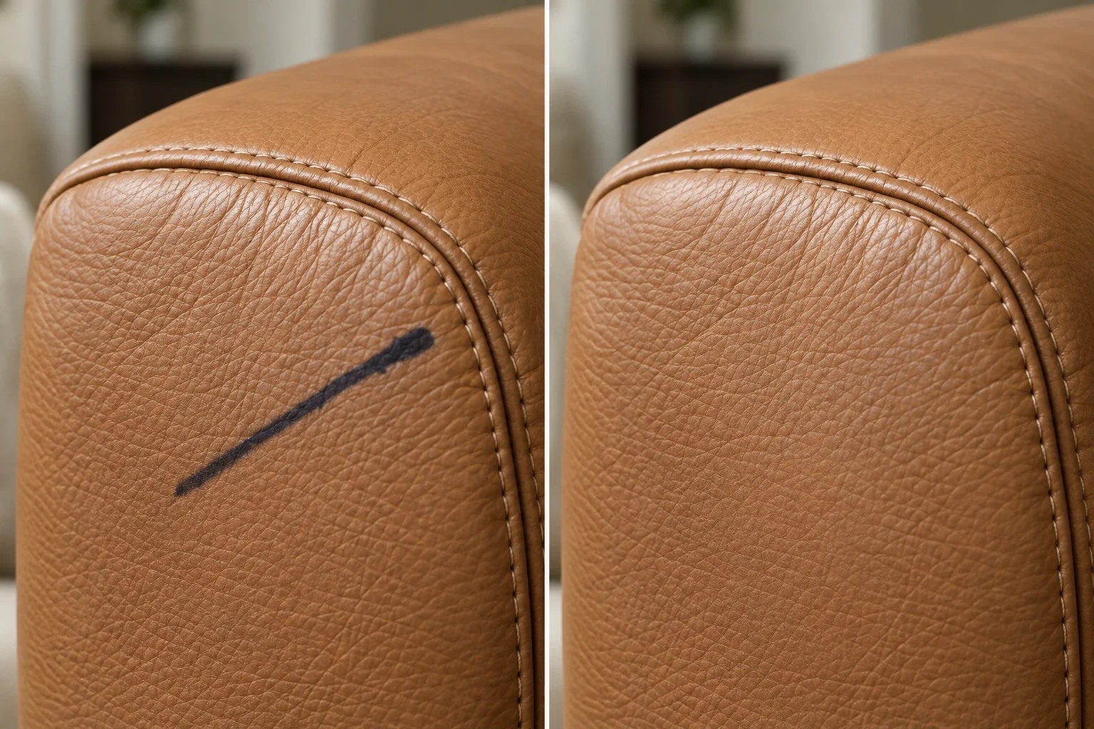 Navy marker line down the rolled armrest of a tan leather chair beside the same armrest cleared