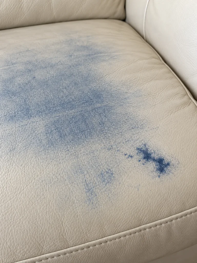 Blue dye and ink stain on a cream leather sofa