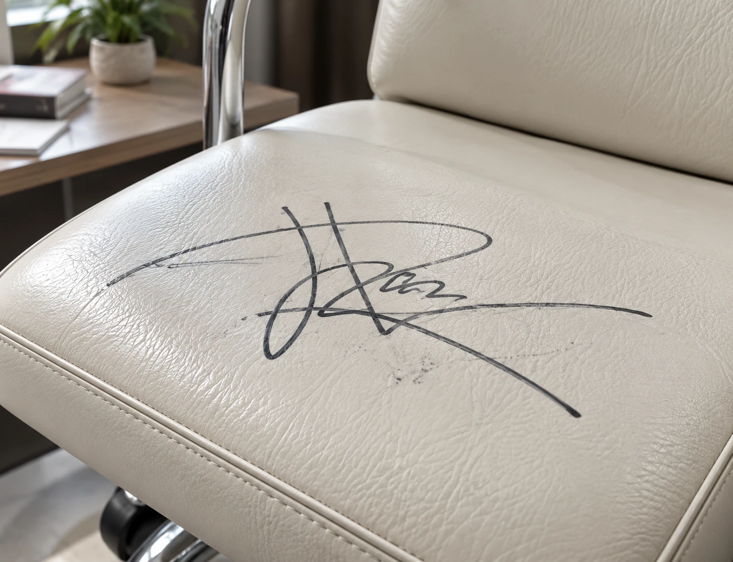A large black marker signature written across the cream leather seat of an office chair