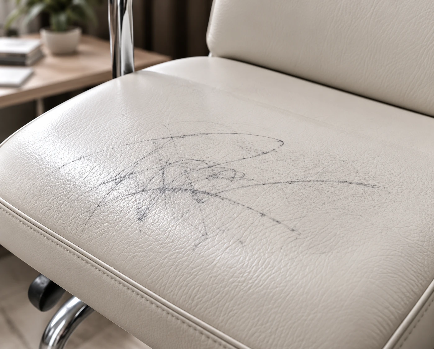 The same seat after blotting, the signature reduced to a faint grey ghost in the grain