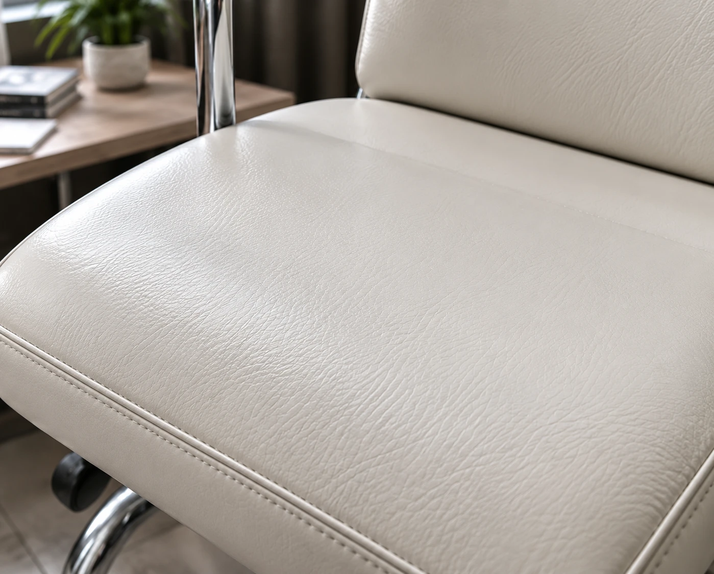 The office chair seat back to an even cream, the signature gone and the stitching untouched