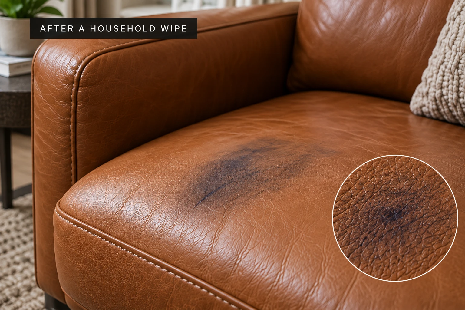The same tan sofa seat after wiping, the line smeared into a wide dark halo, with a circular close-up showing dye pushed into the grain