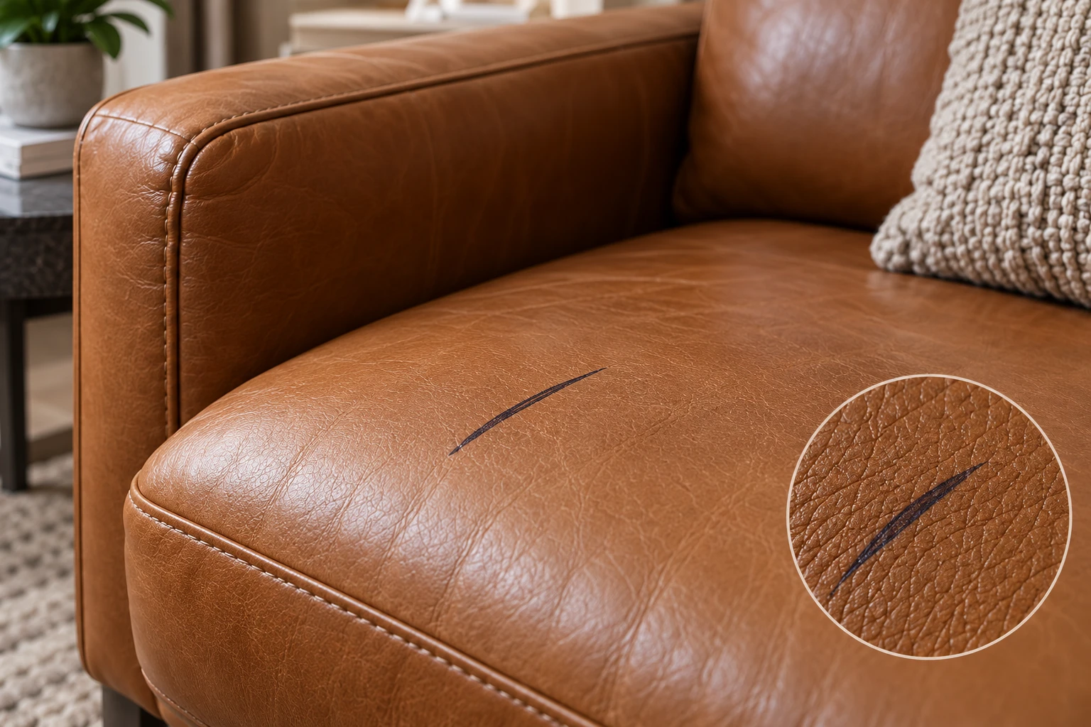 A thin blue ballpoint line on the seat of a tan leather sofa, with a circular close-up showing the mark still sharp-edged