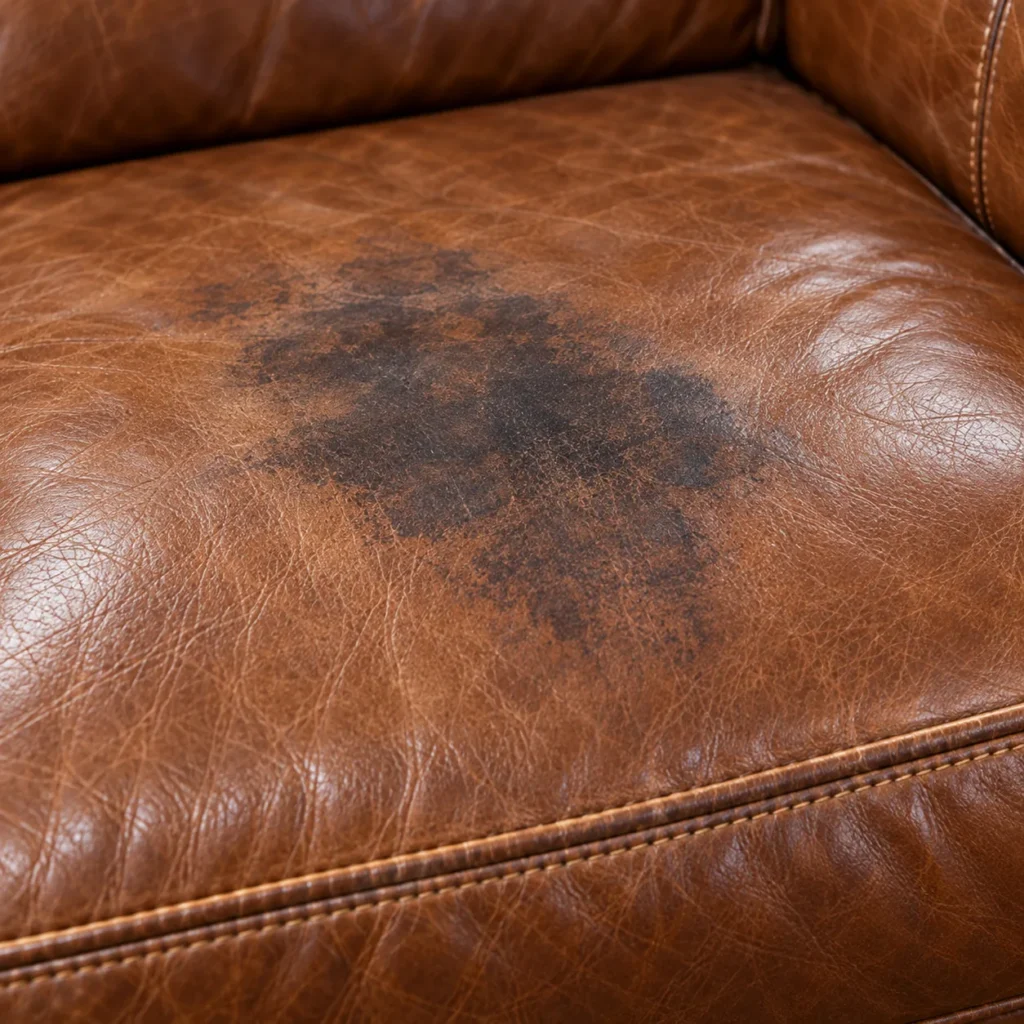Dark ink stain on a brown leather seat