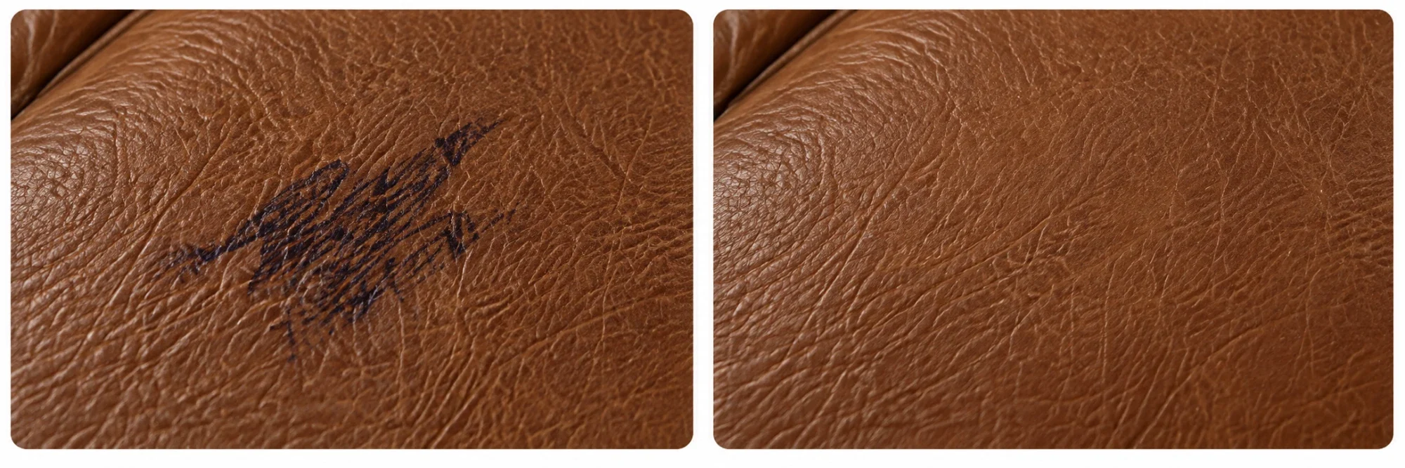 Ballpoint scribble on tan aniline leather beside the same panel with the colour rebuilt over it