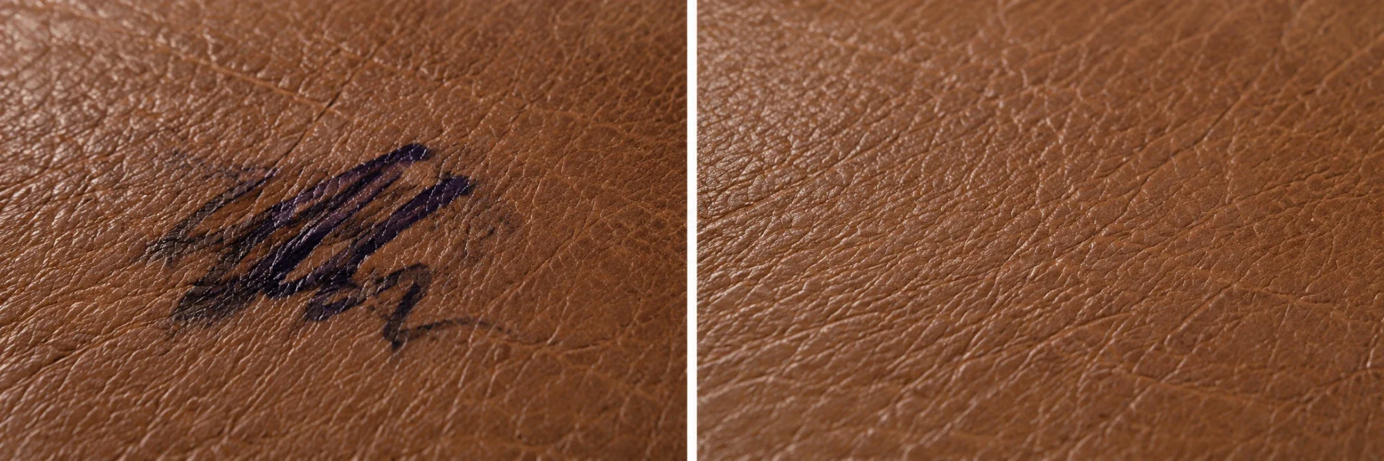 Dark blue ballpoint scribble on tan pigmented leather beside the same panel cleaned back to an even tan
