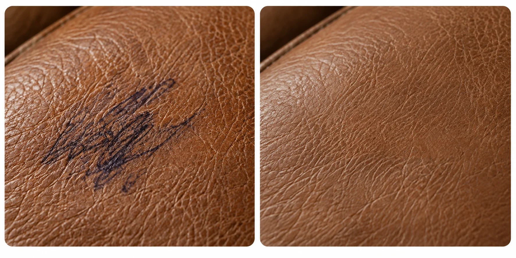 Ballpoint scribble on a tan semi-aniline leather cushion beside the same area lifted and locally recoloured