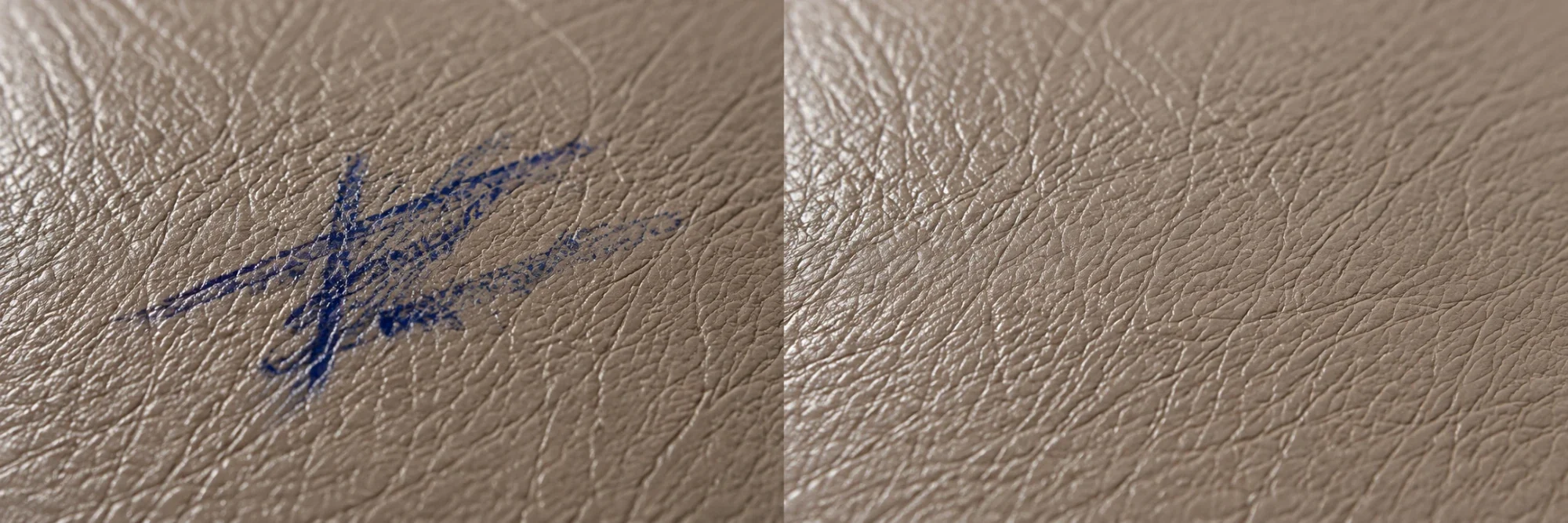 Blue-black fountain pen ink on taupe aniline leather beside the same panel with colour rebuilt