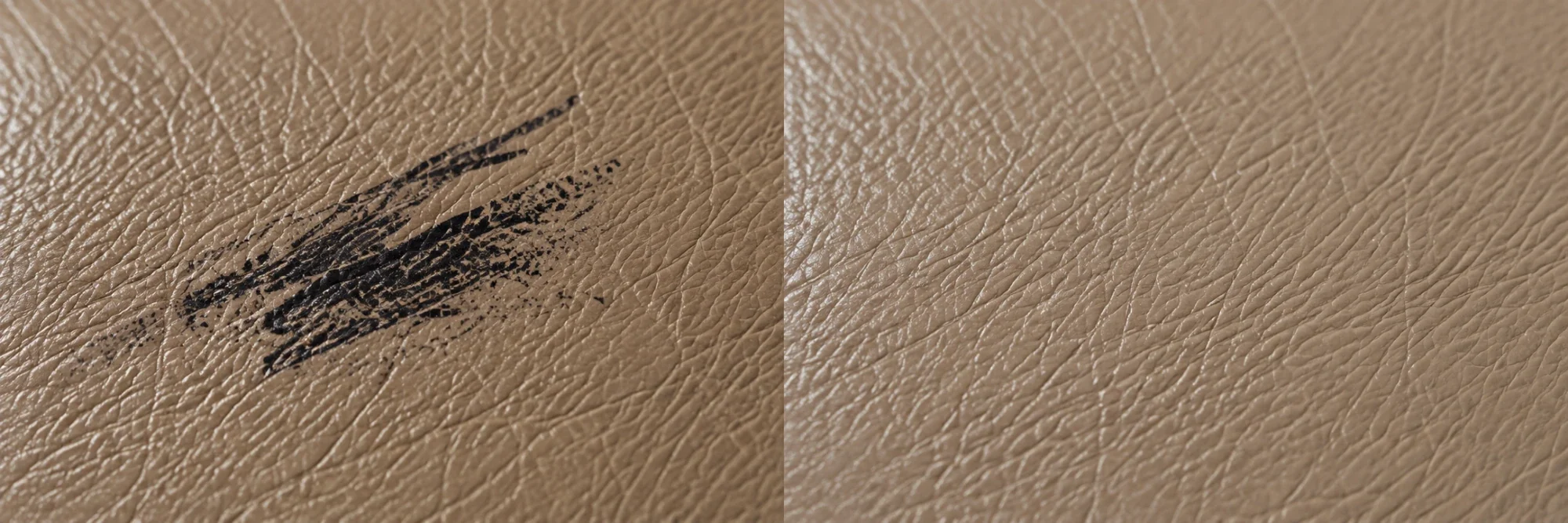 Black fountain pen ink on beige pigmented leather beside the same area lifted and locally recoloured