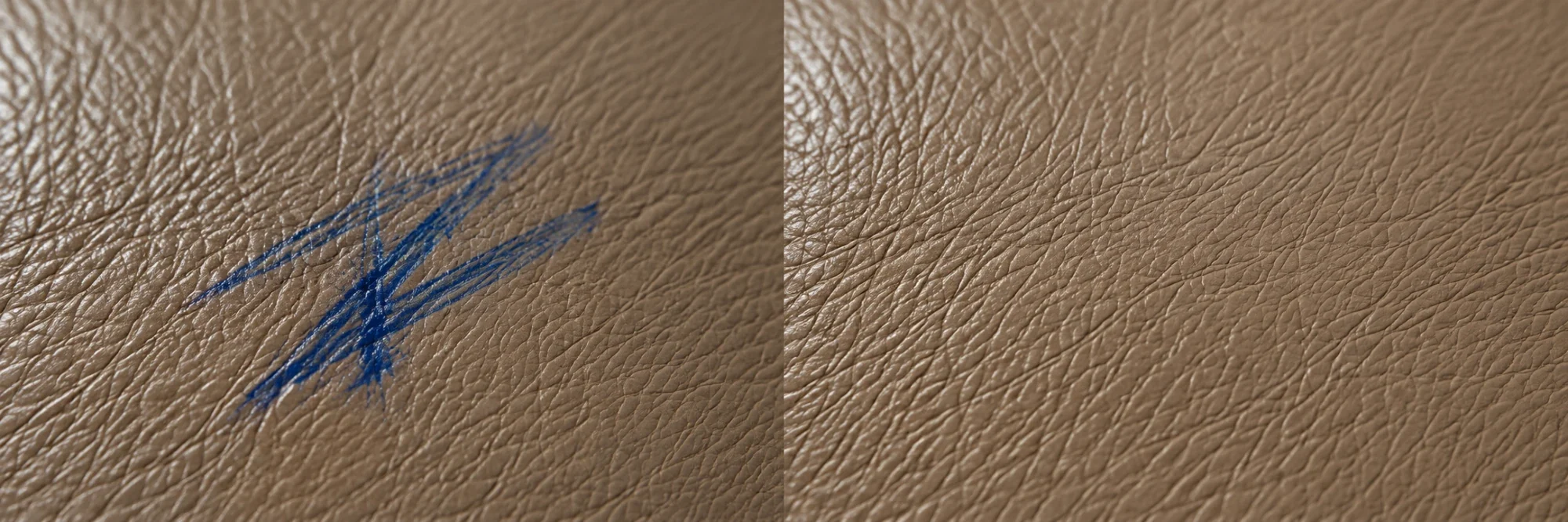 Blue fountain pen ink soaked into taupe semi-aniline leather beside the same spot recoloured