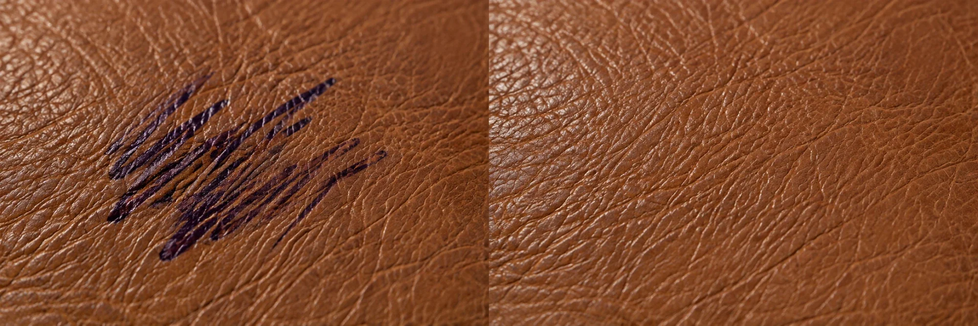 Navy rollerball scribble on tan aniline leather beside the same panel recoloured to match
