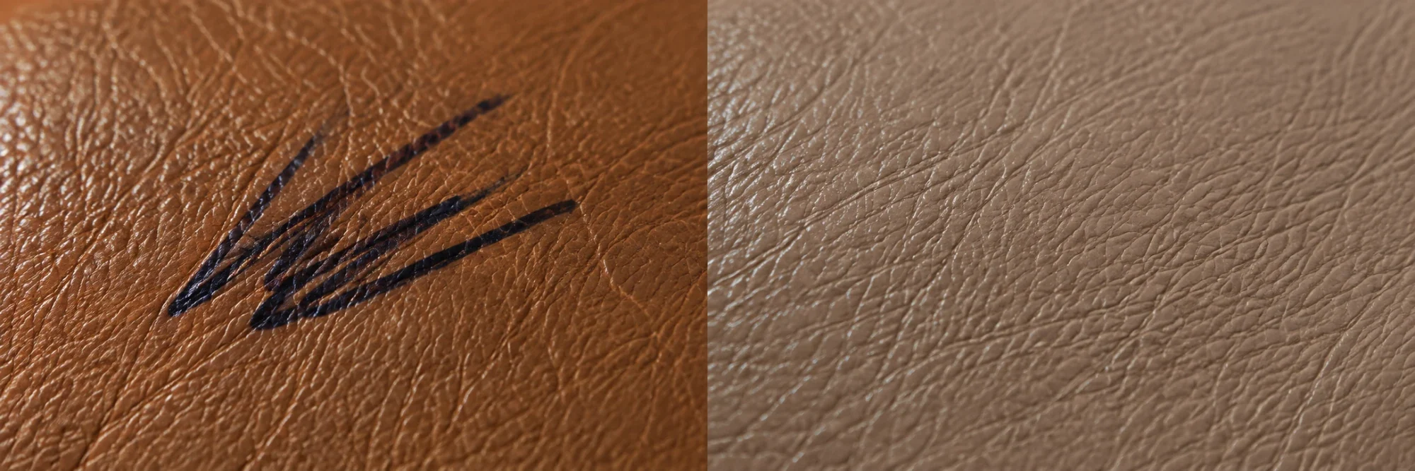 Black gel pen scribble on tan pigmented leather beside the same spot wiped back to bare colour
