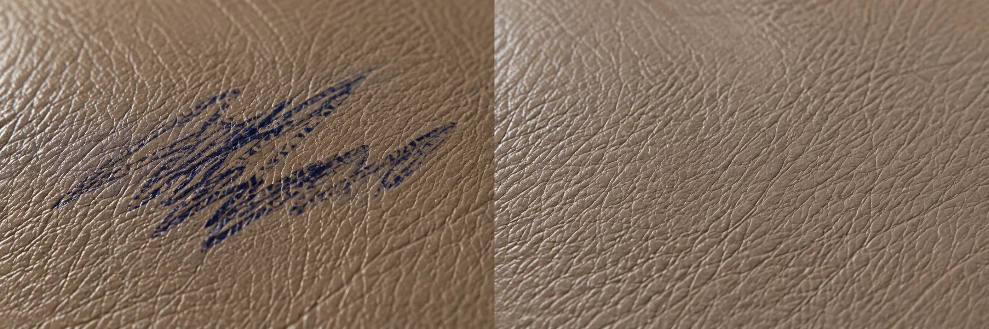 Blue gel pen scribble on greige semi-aniline leather beside the same area lifted and recoloured