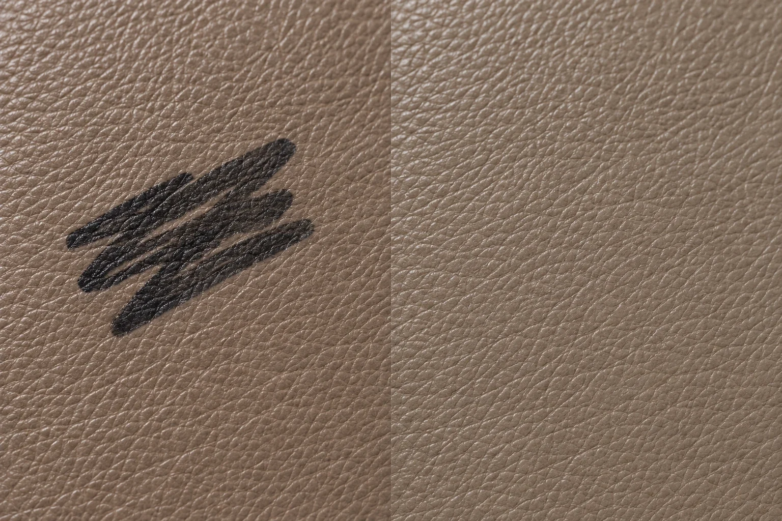 Black permanent marker on taupe aniline leather beside the same panel with the colour rebuilt