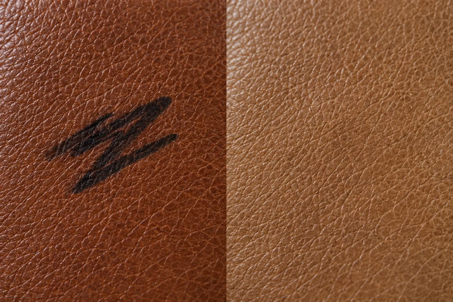 Black permanent marker on tan pigmented leather beside the same area lifted and locally recoloured