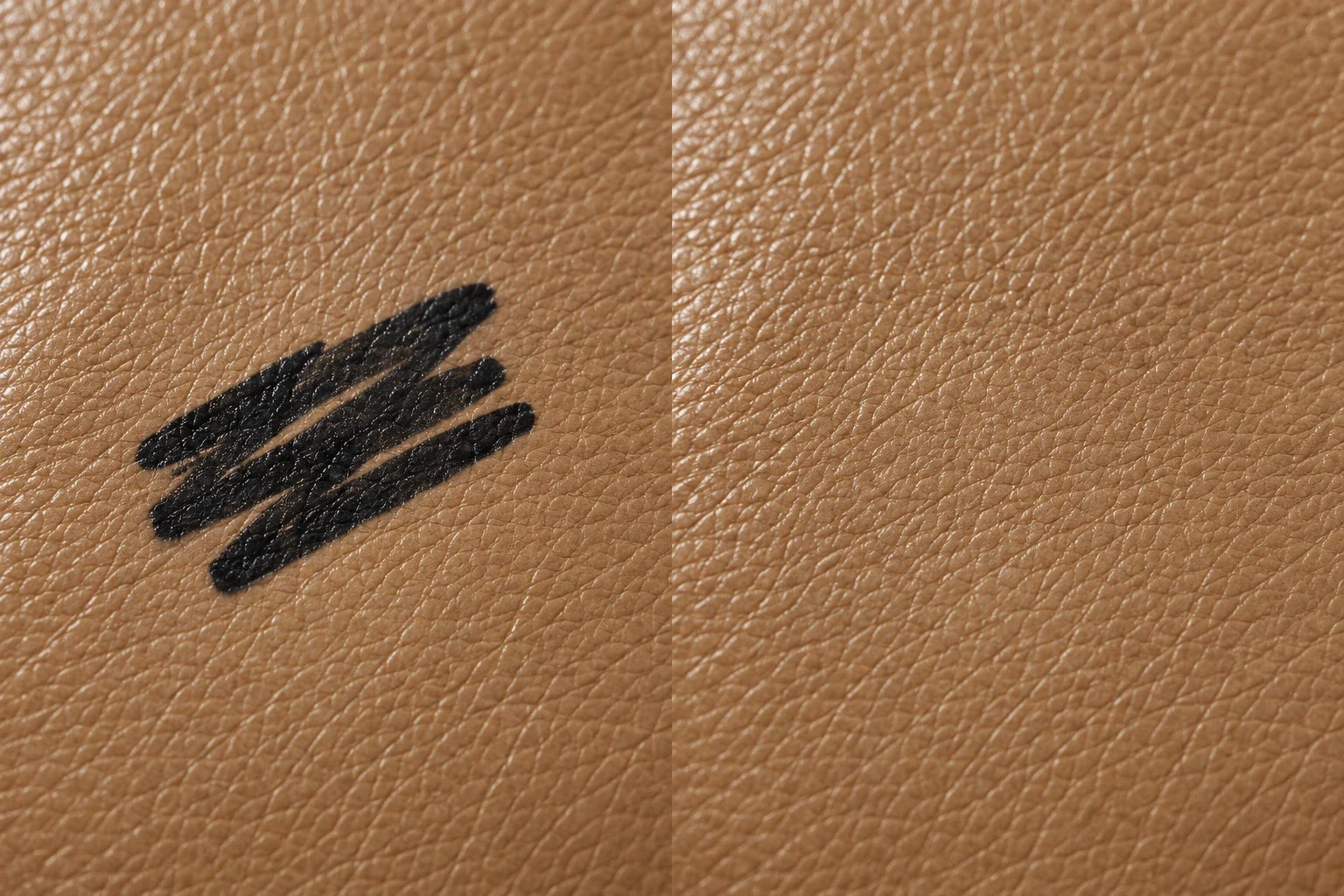 Black permanent marker on tan semi-aniline leather beside the same spot recoloured to match