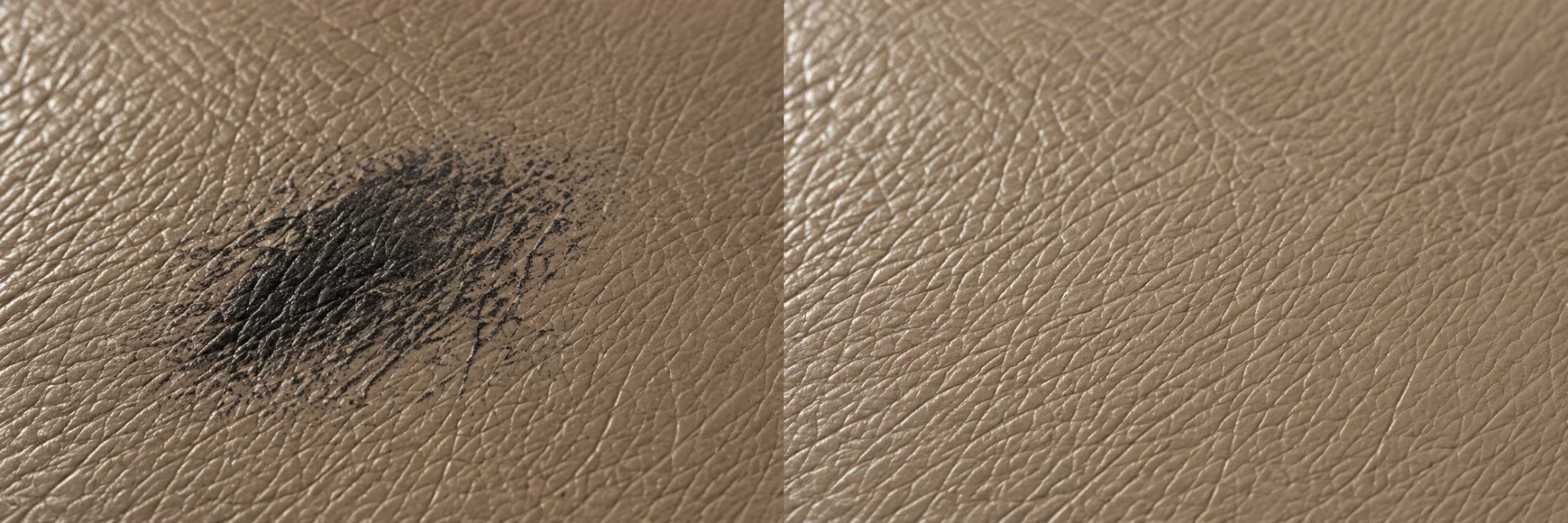 Newsprint smudge on taupe aniline leather beside the same area lifted and locally recoloured