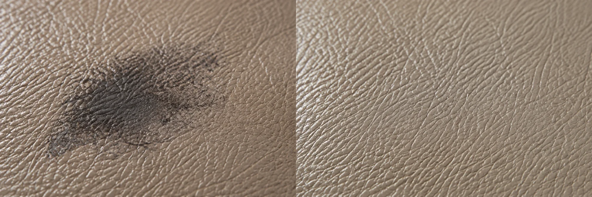 Grey newsprint transfer on taupe pigmented leather beside the same area wiped completely clean