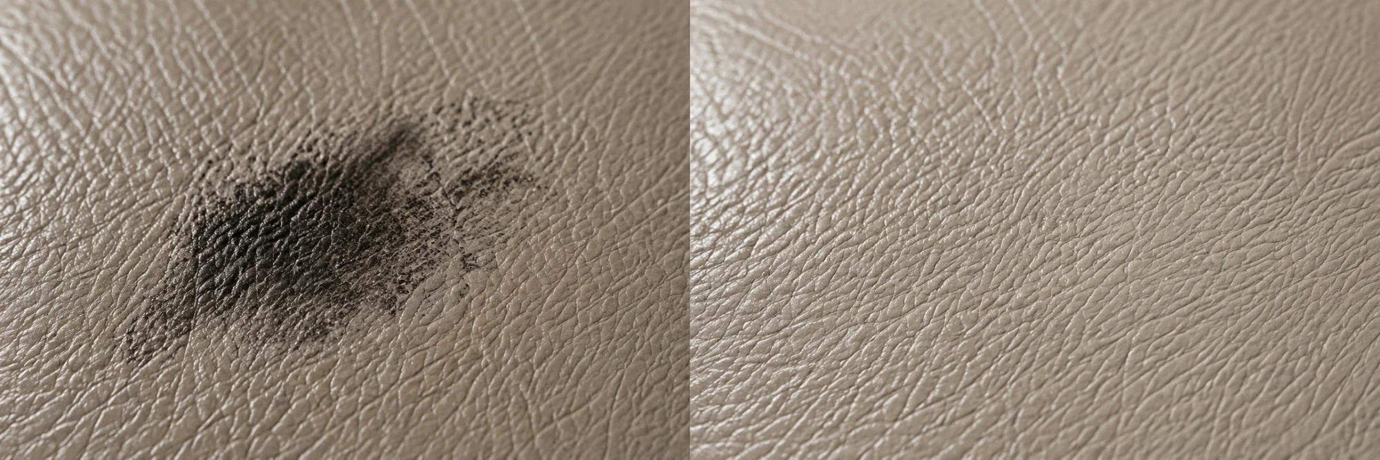 Black toner smudge on greige semi-aniline leather beside the same spot cleaned back to bare colour