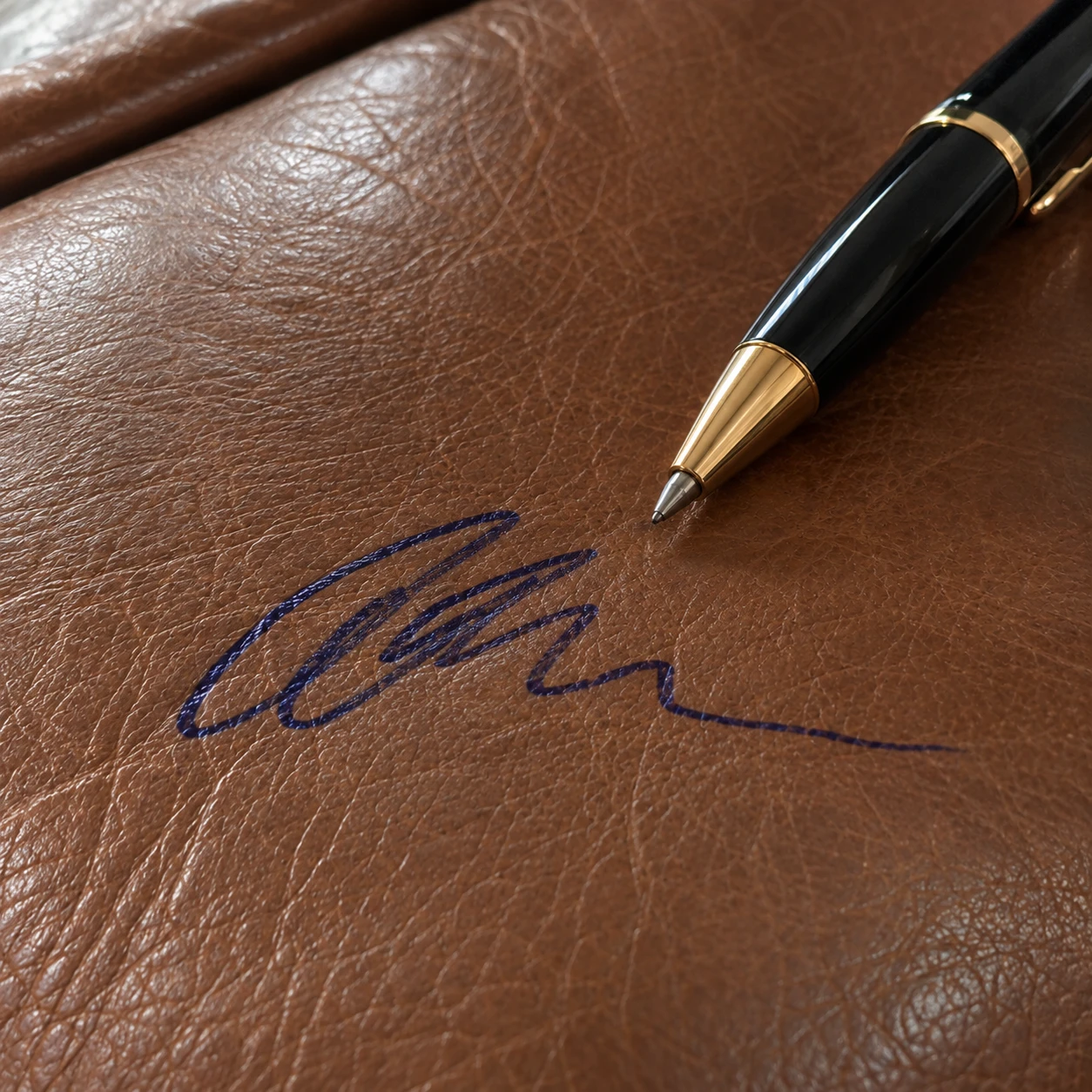 Blue ballpoint signature on a tan leather sofa arm before leather ink removal, the line sitting on top of the finish