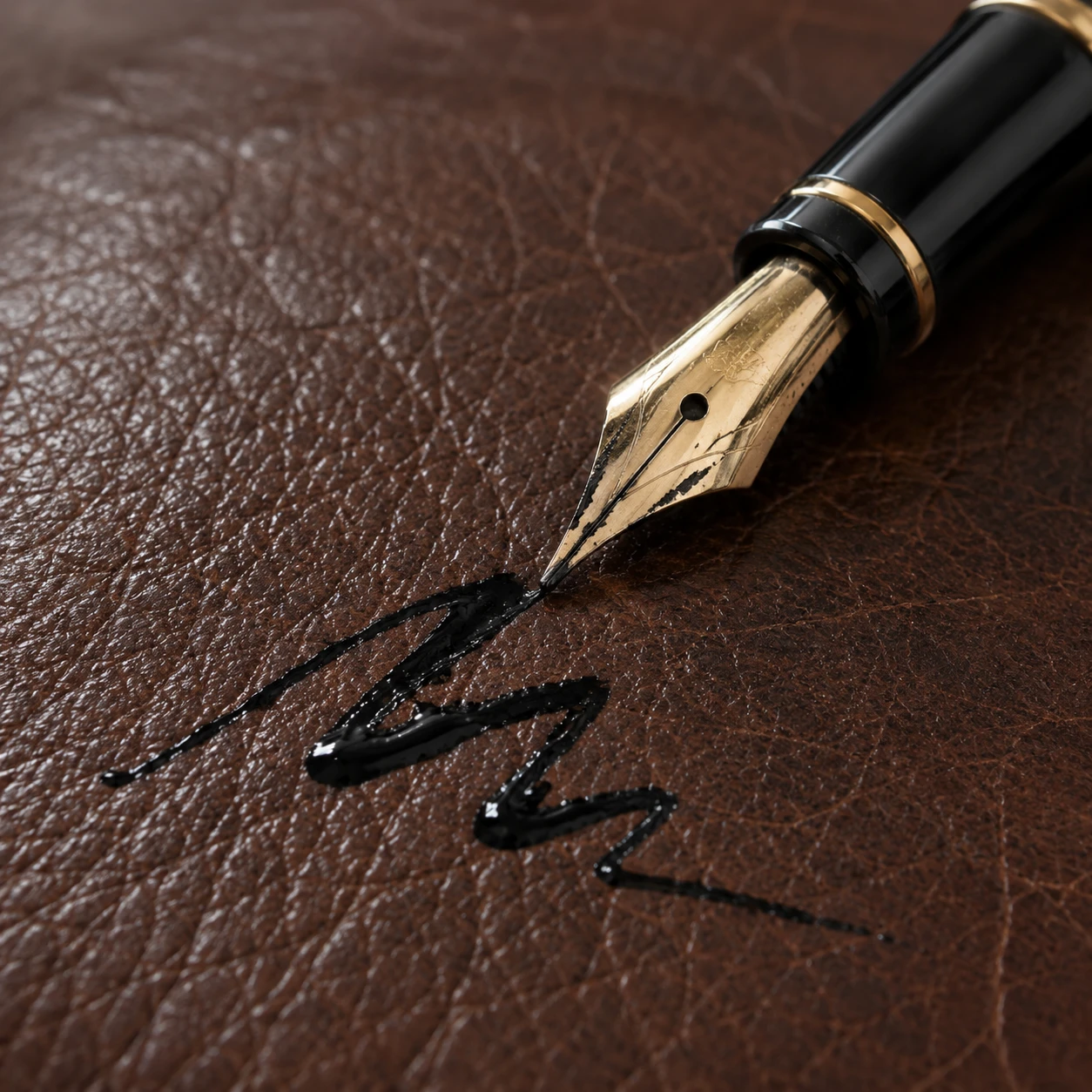 Gold-nibbed fountain pen and a wet black ink signature soaked into dark brown leather