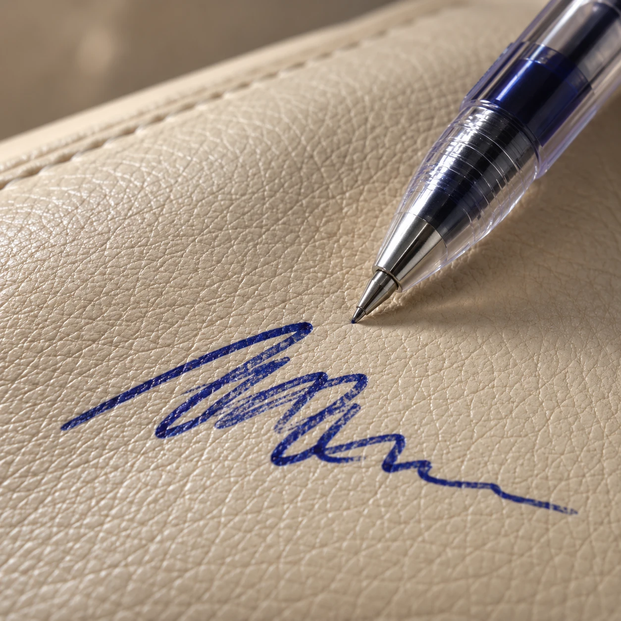 Blue gel pen signature on a cream leather cushion, the ink spread wide and soft-edged in the grain
