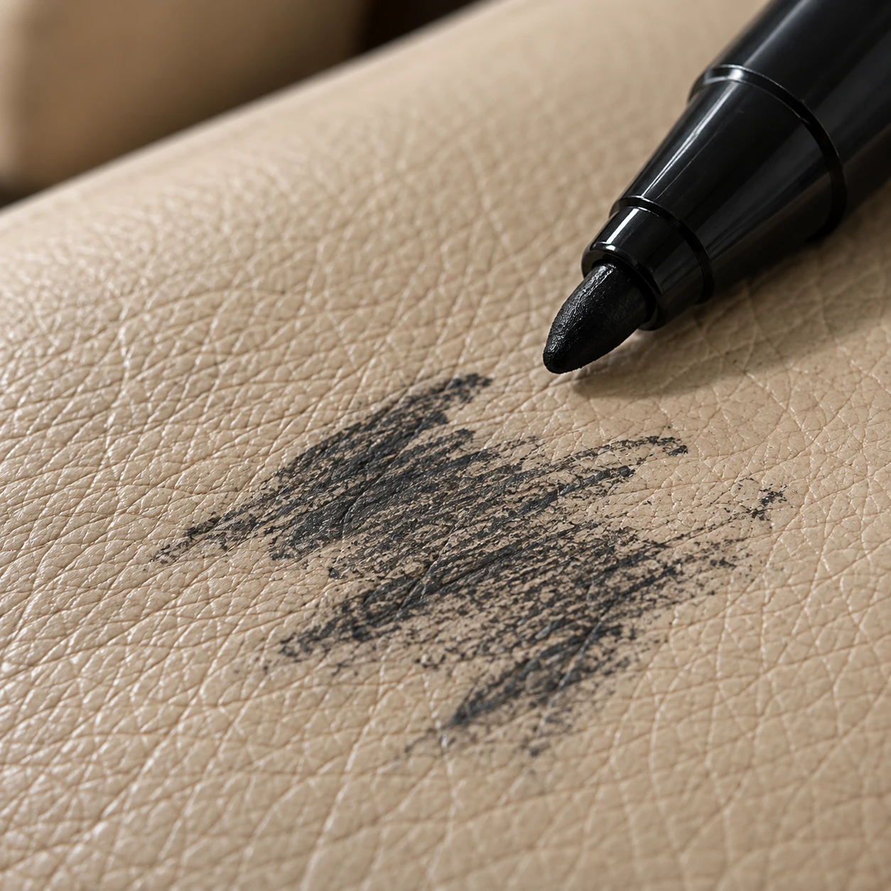 Dry black pigment scrubbed flat into cream leather, the scratchy look of a transferred print