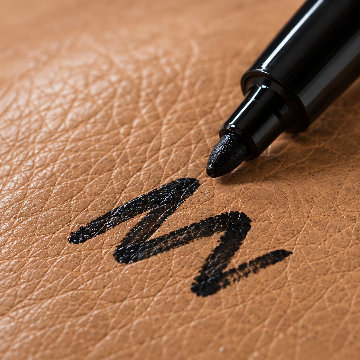Black permanent marker scribble sitting glossy on the surface of tan leather