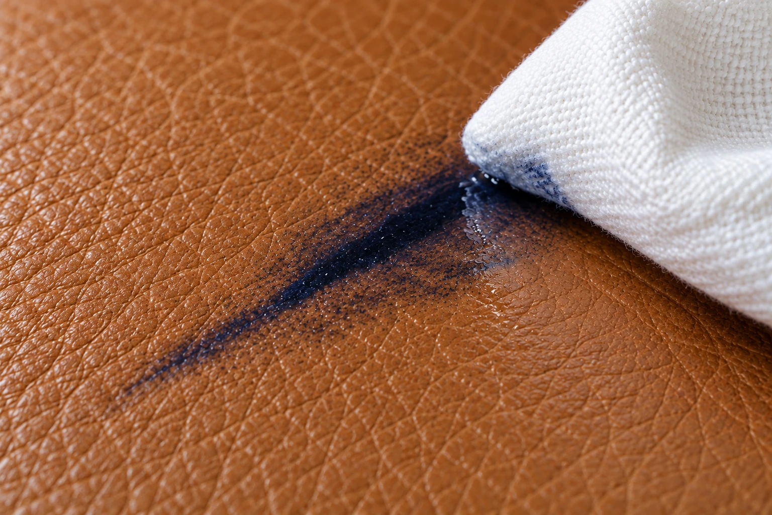 A white cloth pressed against the same stroke, the navy ink already feathering at the edge it touches