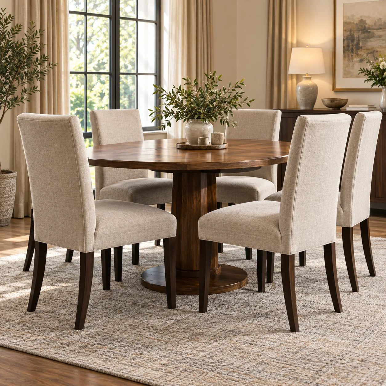 Ivory linen dining chairs around a walnut table