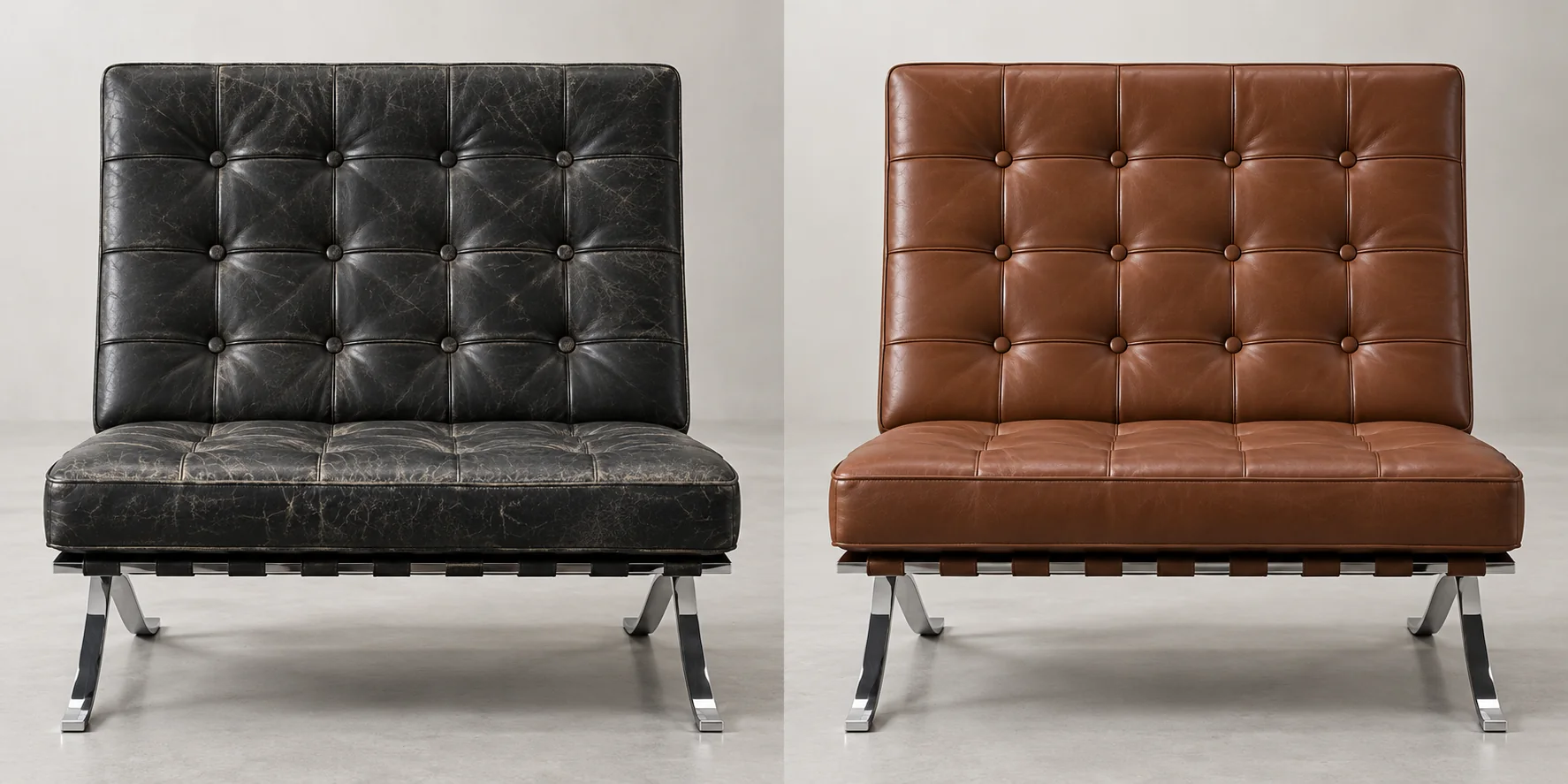 Barcelona chair before and after leather repair, cracked cushions restored to an even finish