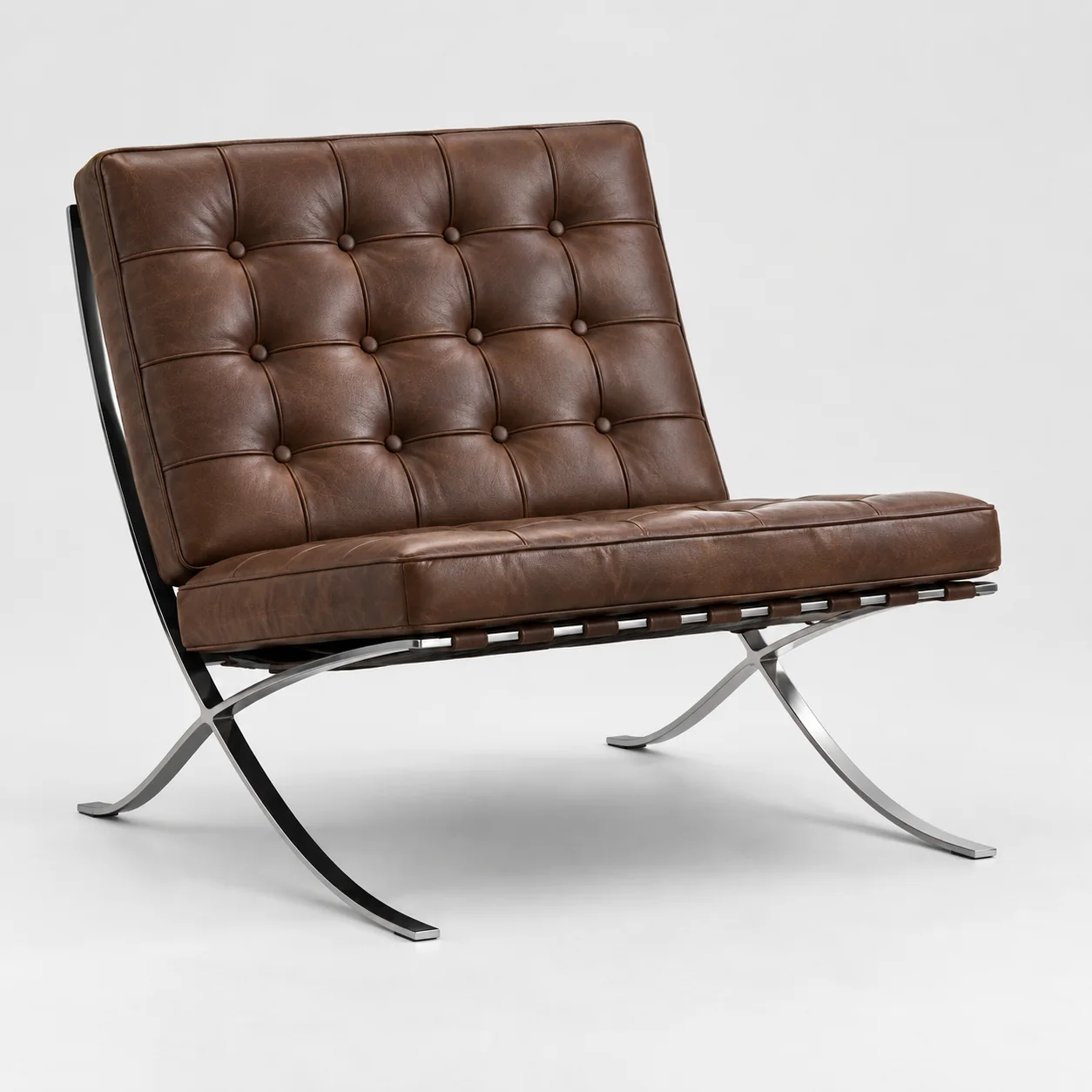 Knoll Barcelona chair in tufted brown leather on a polished steel X-frame
