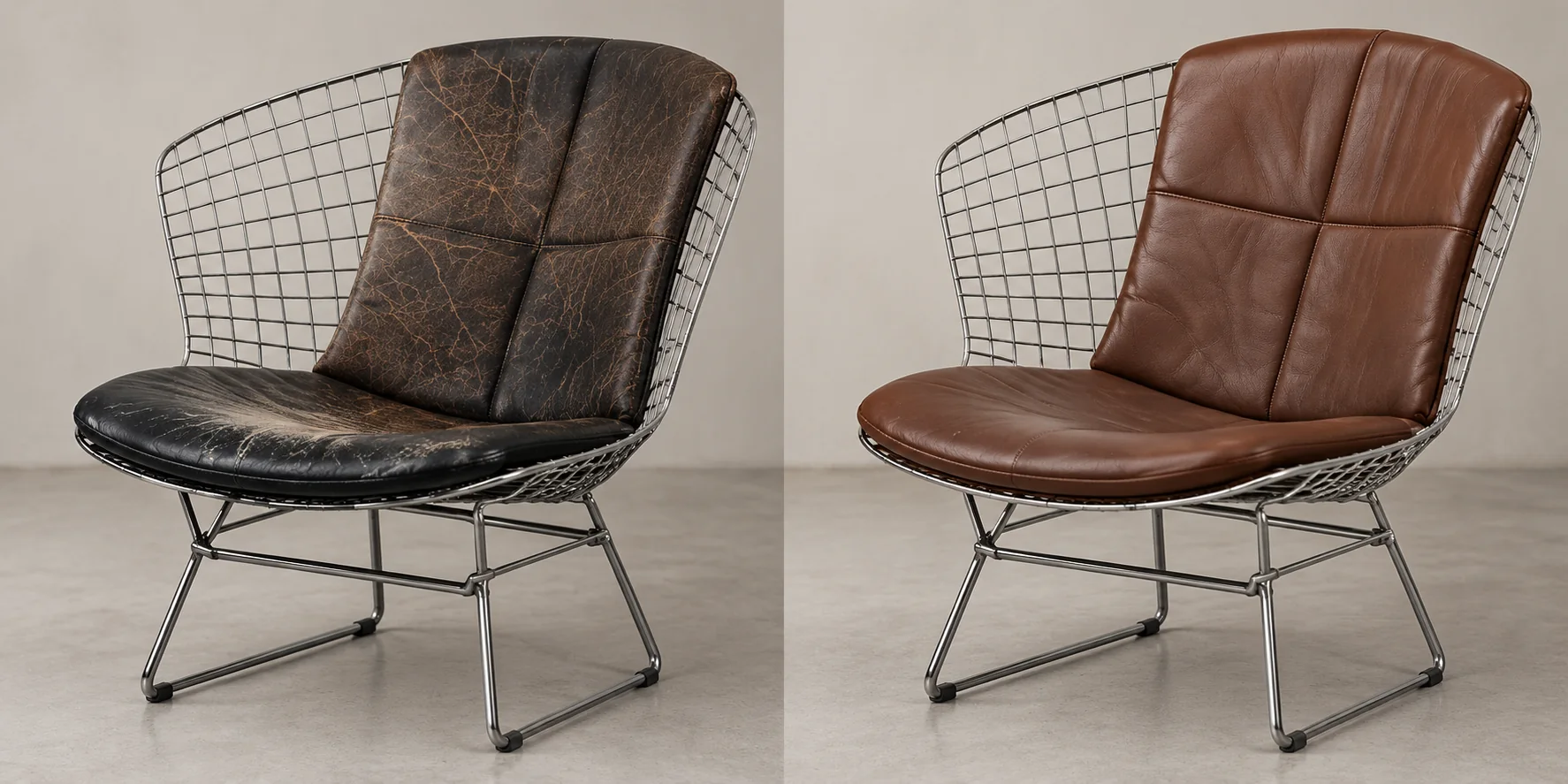 Bertoia diamond chair before and after leather pad repair, refitted to the wire shell