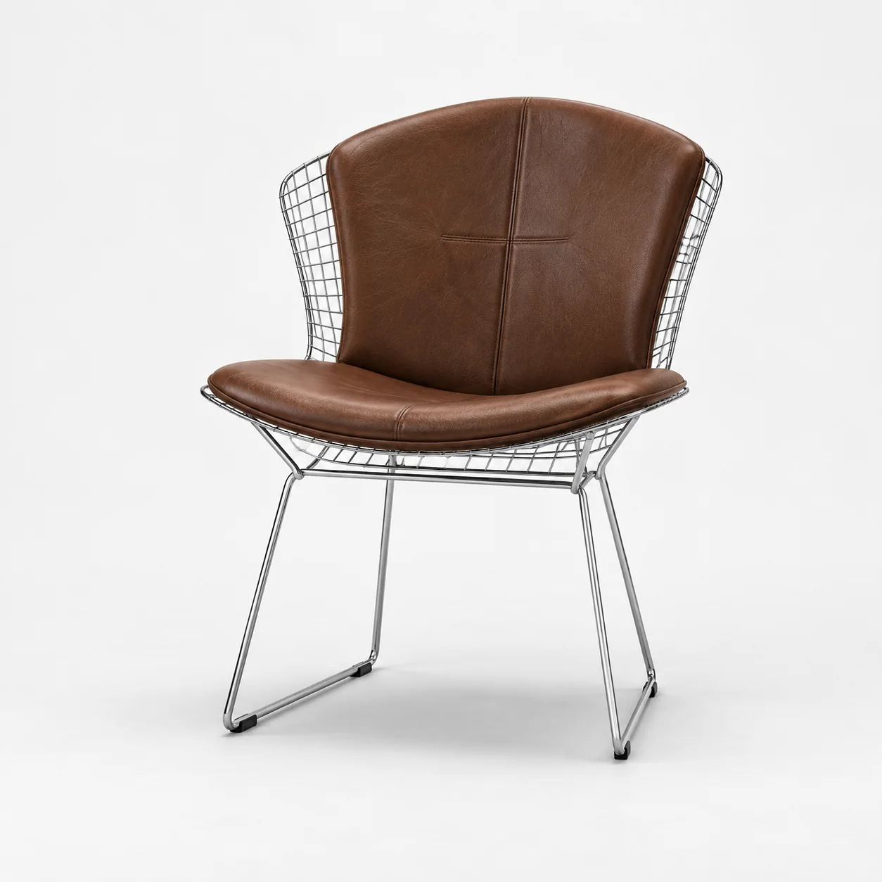 Knoll Bertoia diamond chair with a leather seat pad fitted over the welded wire shell