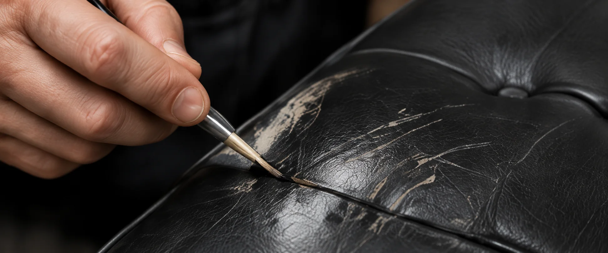 Brush applying color to a scuffed black leather panel on a Knoll cushion