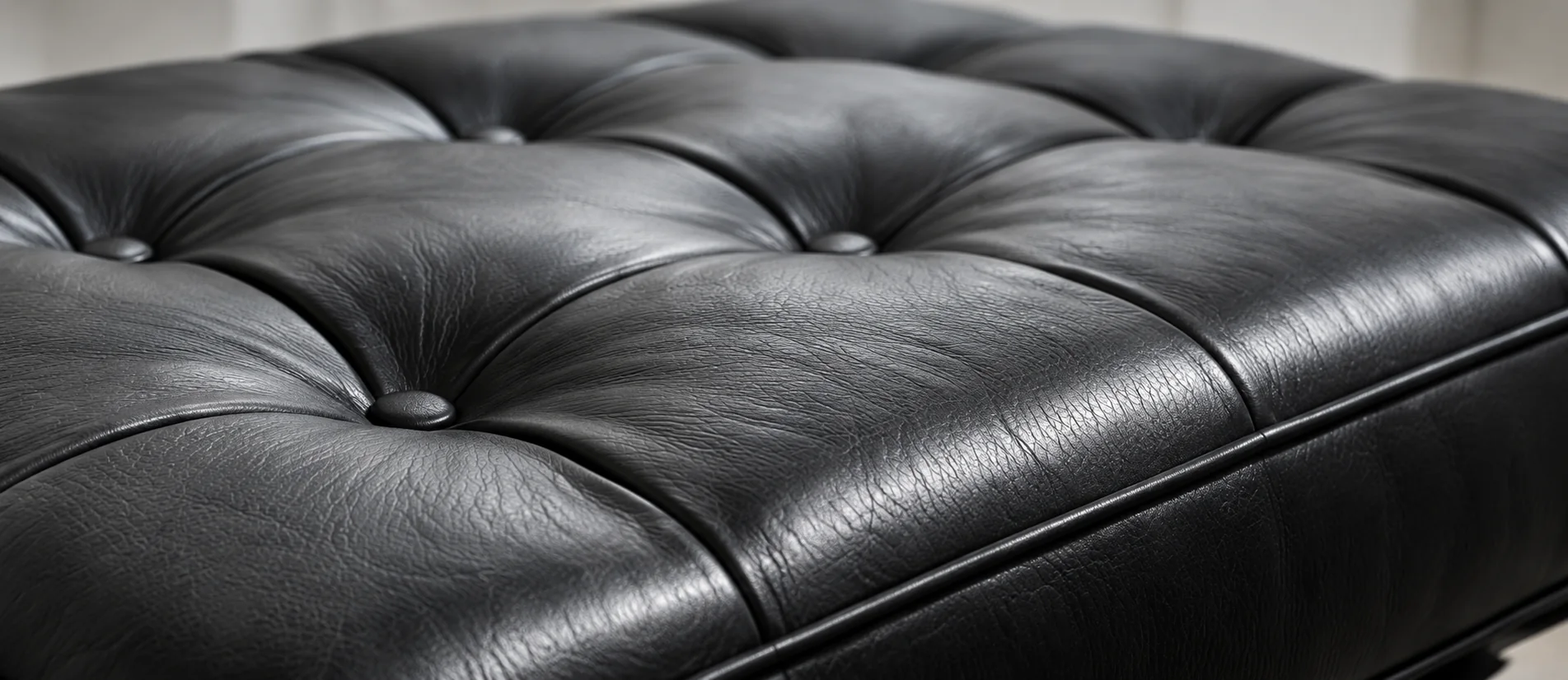 Deep-tufted black leather cushion that has lost its shape and support