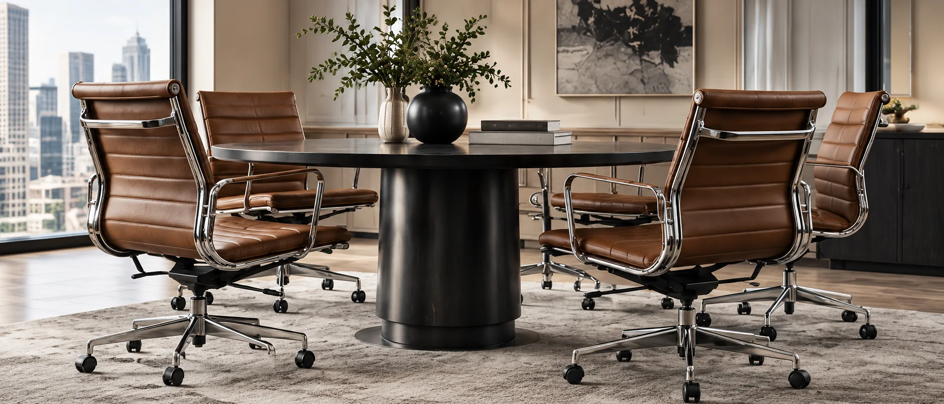 Row of Knoll leather executive chairs around a boardroom table with a city view