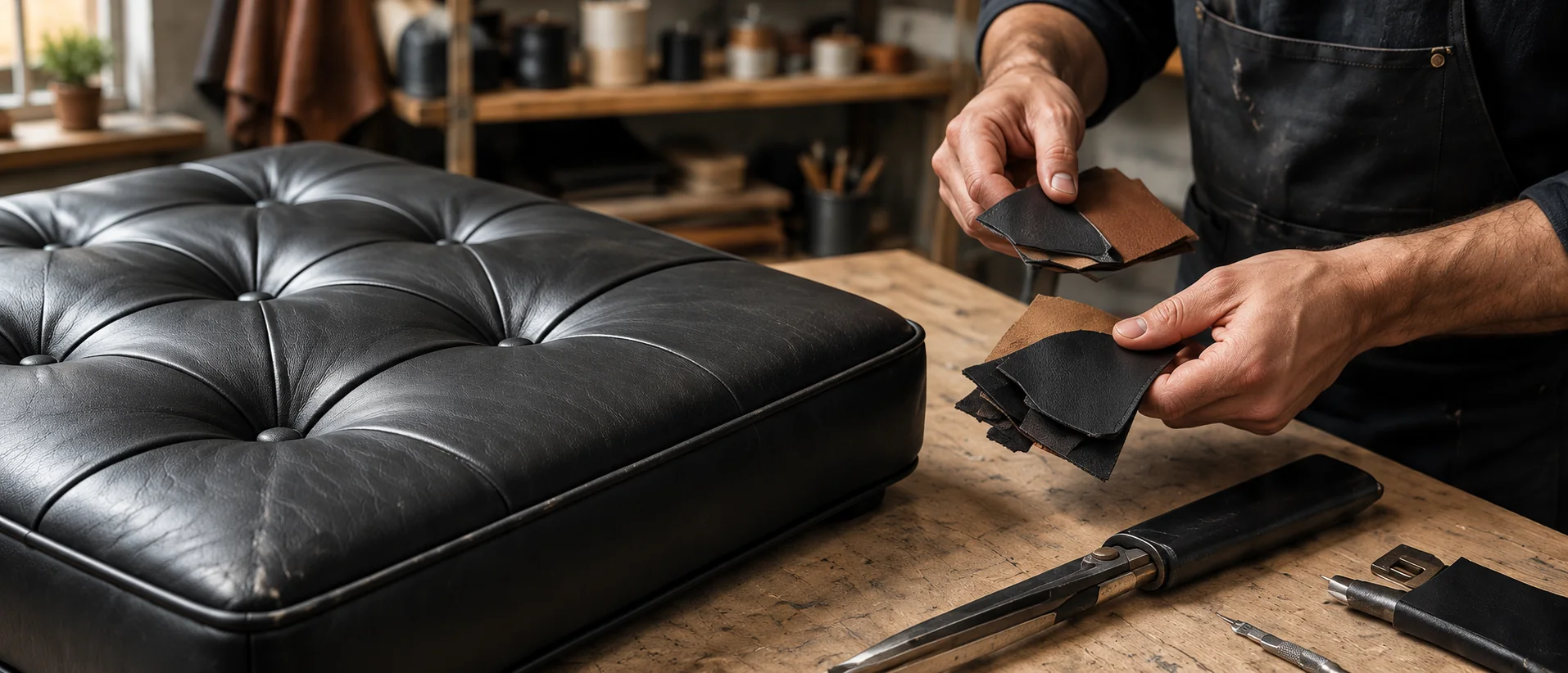 Knoll leather chair repair in progress: a craftsman works a tufted black cushion at the workshop bench