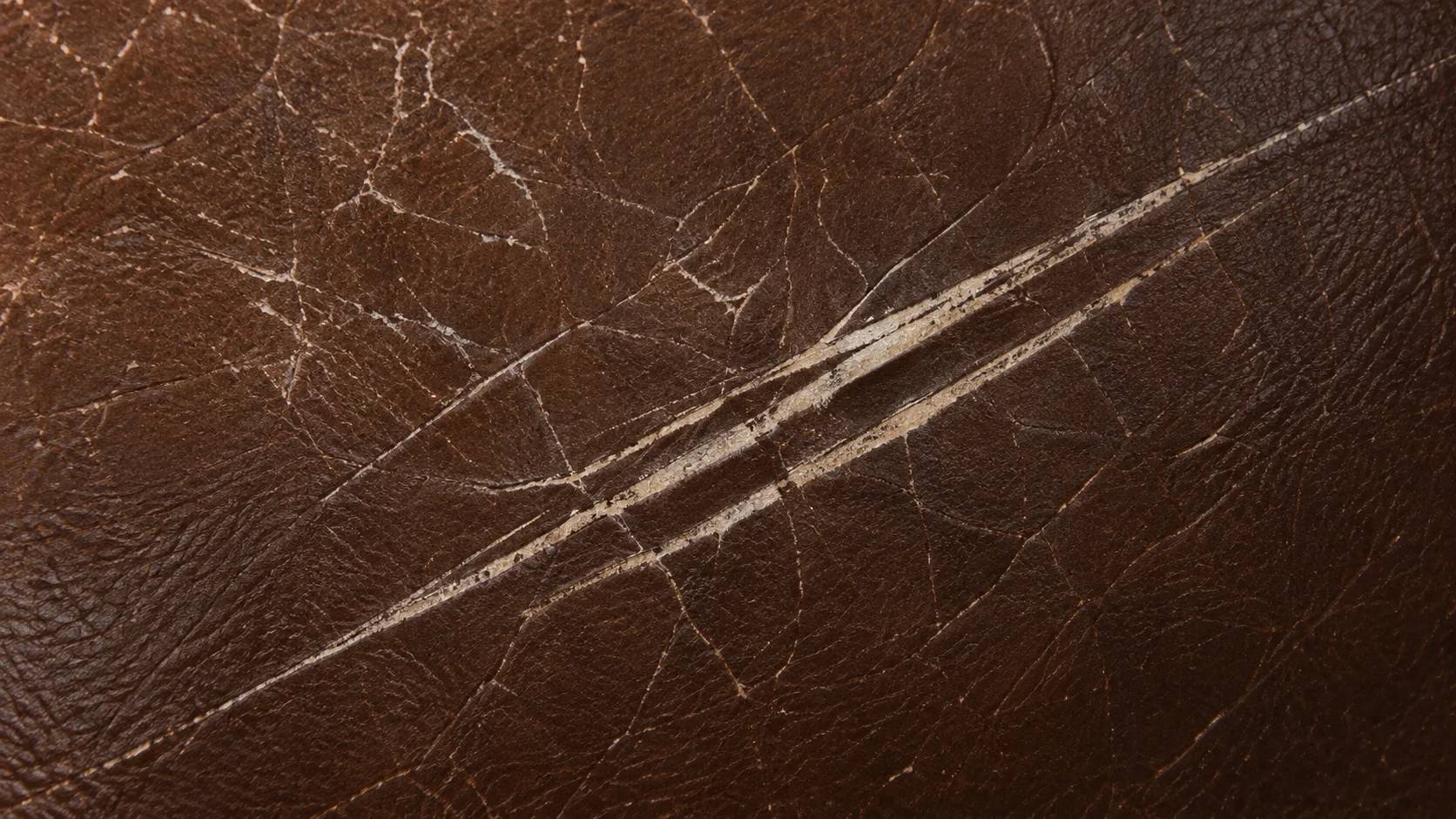 Close-up of a pale scratch cutting across dark brown leather on a Knoll chair