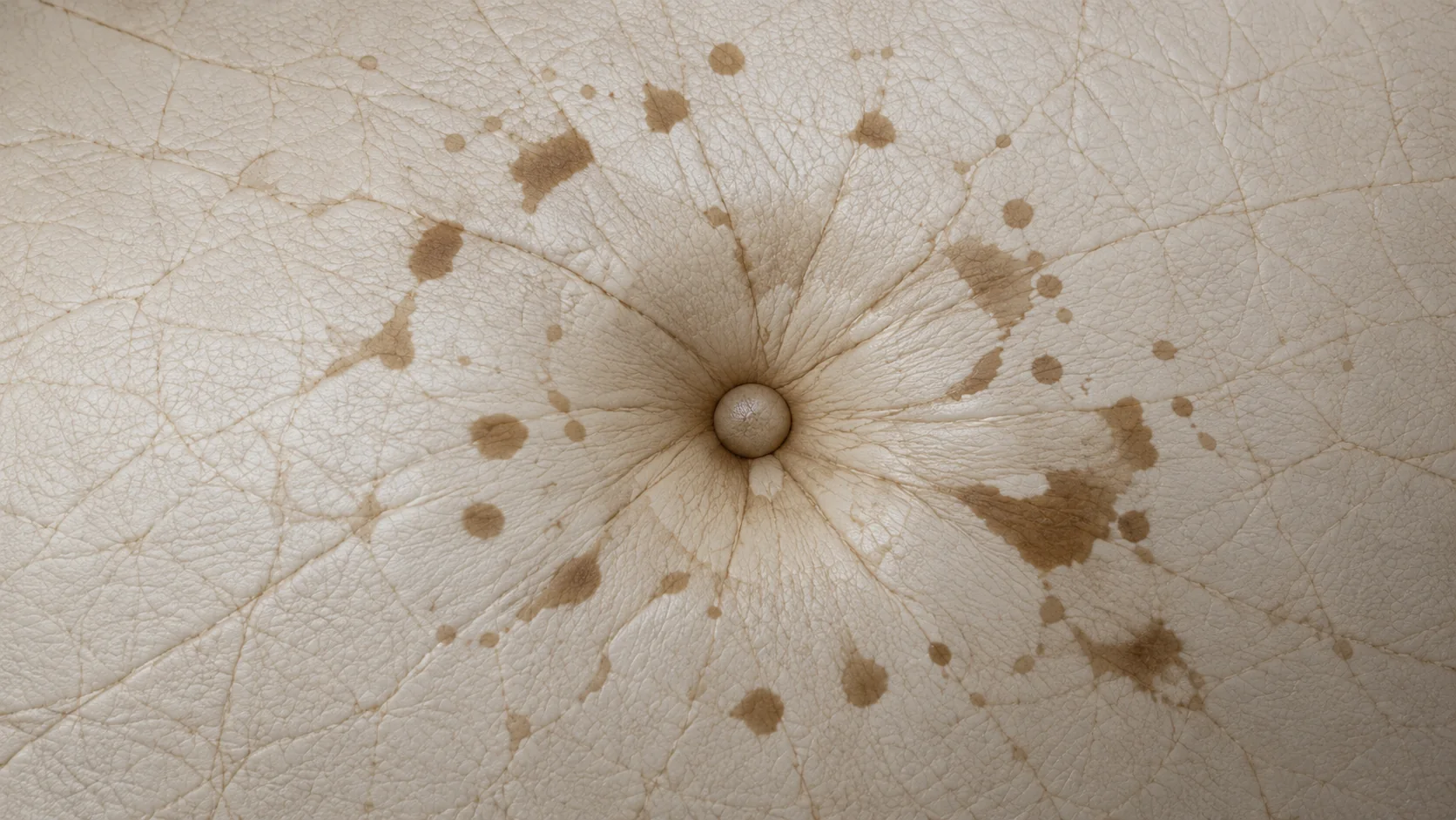 Dried liquid stain marking the surface of light brown leather