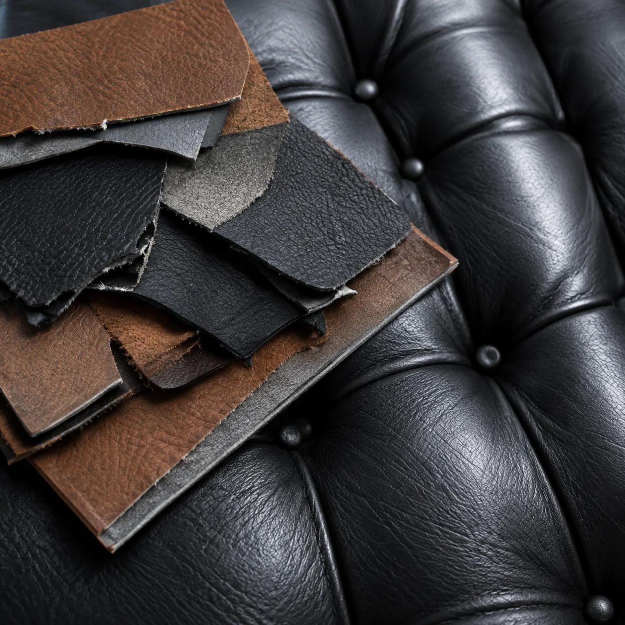 Stack of leather swatches in browns and blacks used for matching Knoll upholstery
